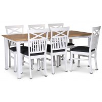 Fårö matgrupp; matbord 180x90 cm - Vit / oljad ek med 6 st Fårö matstolar med kryss i ryggen, sits i grått tyg Fårö matgrupp; matbord 180x90 cm - Vit / oljad ek med 6 st Fårö matstolar med kryss i ryggen, sits i grått tyg