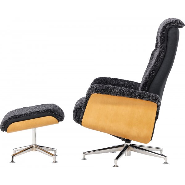 Ulla f�t�lj med fotpall i ek - M�rkgr� f�rskinn + Textilreng�ring f�r m�bler