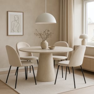 Matgrupp Lanzo Ø120 cm med 4 st Astrid stolar i beige sammet Matgrupp Lanzo Ø120 cm med 4 st Astrid stolar i beige sammet