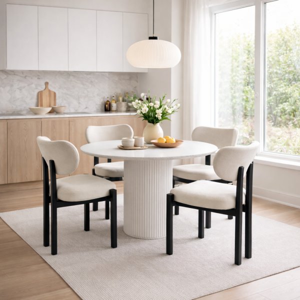 Matgrupp Sandö matbord Ø120cm i vit terazzo med 4st Callum matstol i beige tyg Matgrupp Sandö matbord Ø120cm i vit terazzo med 4st Callum matstol i beige tyg