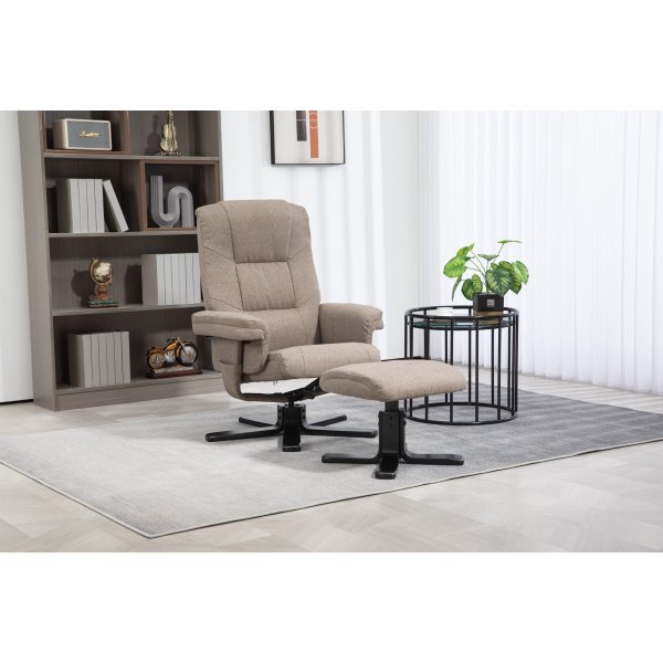 Oslo reclinerfåtölj med pall i mörkbeige tyg Oslo reclinerfåtölj med pall i mörkbeige tyg