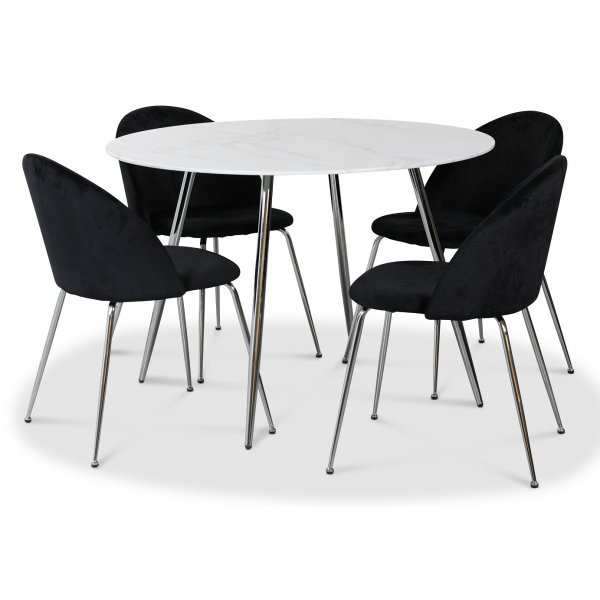 Art matgrupp, 110 cm runt bord + 4 st svarta Art stolar