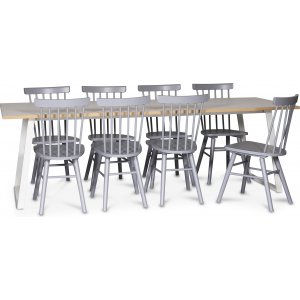 Edge matgrupp; Matbord i vit HPL 240x90 cm med 8 st gråa Orust pinnstolar Edge matgrupp; Matbord i vit HPL 240x90 cm med 8 st gråa Orust pinnstolar