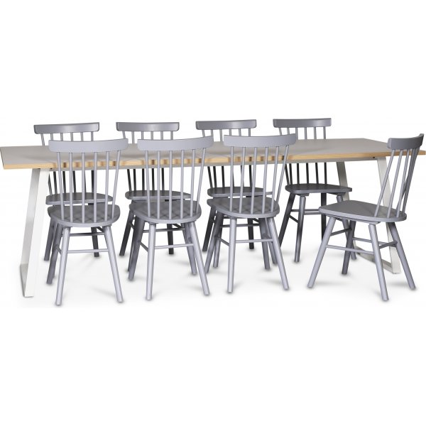 Edge matgrupp; Matbord i vit HPL 240x90 cm med 8 st gra Orust pinnstolar