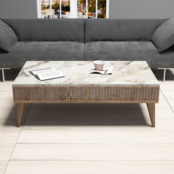 Table basse Milan 105 x 60 cm - Aspect noyer/marbre blanc Table basse Milan 105 x 60 cm - Aspect noyer/marbre blanc