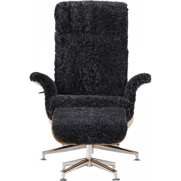 Ulla f�t�lj med fotpall i ek - M�rkgr� f�rskinn + Textilreng�ring f�r m�bler