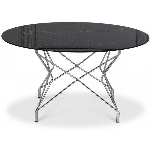 Soffbord Star 90 cm - Svart marmorerat glas / Kromat underrede