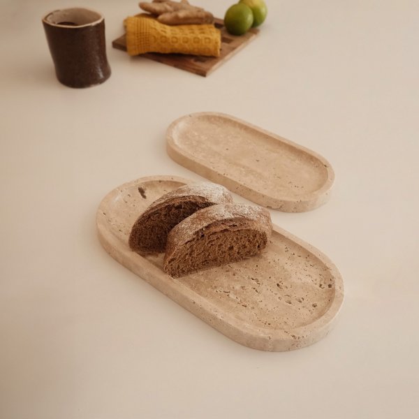 Dekorationsfat i beige Travertinmarmor 2 delar - 25/30 x 12/15 x 2 cm