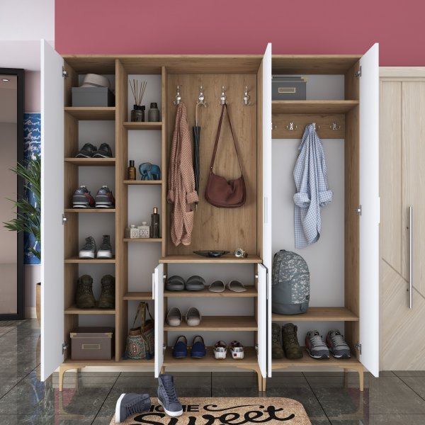 Meuble d\\\'entrée Esa 180 x 37,5 x 198,6 cm Variante A - Noyer/blanc Meuble d\\\'entrée Esa 180 x 37,5 x 198,6 cm Variante A - Noyer/blanc