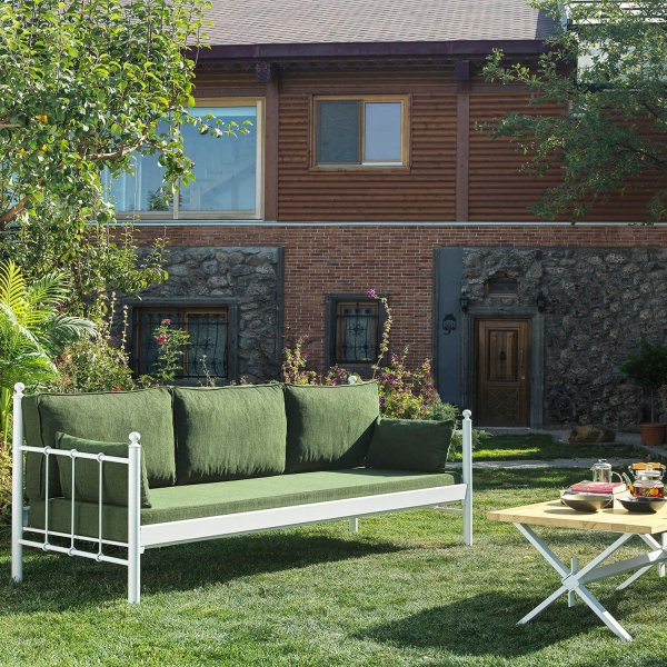 Lalas 3-sits utesoffa - Vit/grn + Flckborttagare fr mbler