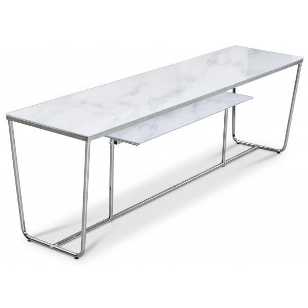 Stella TV-bnk - Vit marmorerat glas / Kromat underrede