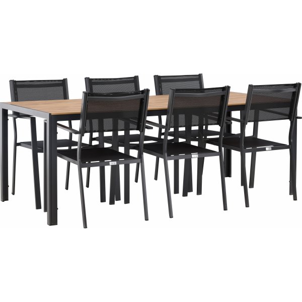 Chania matgrupp; 6 st stolar med bord 205 x 90 cm - Svart/natur Chania matgrupp; 6 st stolar med bord 205 x 90 cm - Svart/natur
