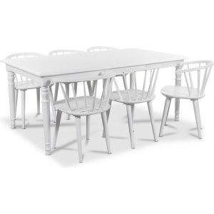Nomi matgrupp 180 cm bord med 6 st vita Dalsland Pinnstolar med karm + 4.00 x Mbeltassar