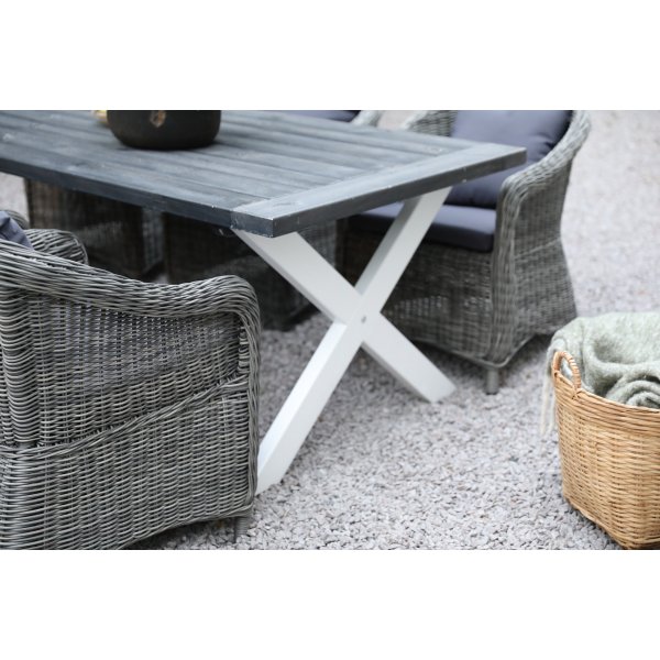 Oxford utematgrupp; grå/vit bord 220 cm inkl 6 st Mercury fåtöljer grå konstrotting Oxford utematgrupp; grå/vit bord 220 cm inkl 6 st Mercury fåtöljer grå konstrotting