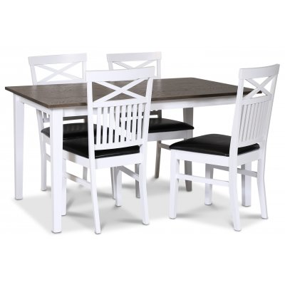 Skagen matgrupp; klassiskt matbord 140x90 cm - Vit / brunoljad ek med 4 st Fårö stolar (Kryss i ryggen) med svart PU-sits