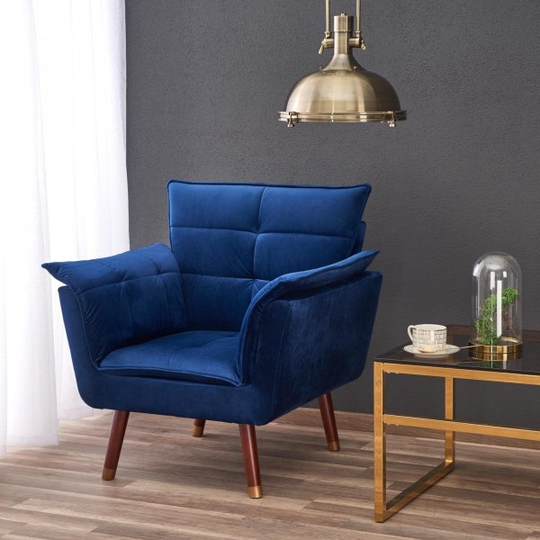 Fauteuil Rosie - Bleu (Velours) Noyer/Laiton
