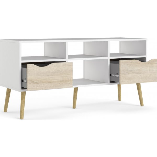 Banc multimdia Oslo avec 2 tiroirs et 4 compartiments ouverts - Blanc/chne