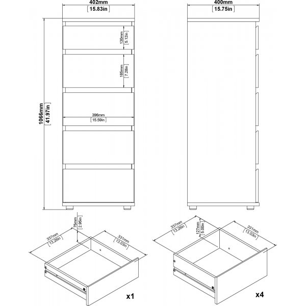 Nova smal byrå med 5 lådor - Vit + Möbeltassar Nova smal byrå med 5 lådor - Vit + Möbeltassar