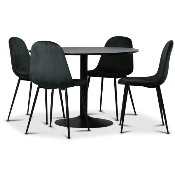 Groupe de repas Seat, table à manger avec 4 chaises en velours Carisma - Noir/Vert foncé + 3.00 x Pieds de meubles Groupe de repas Seat, table à manger avec 4 chaises en velours Carisma - Noir/Vert foncé + 3.00 x Pieds de meubles