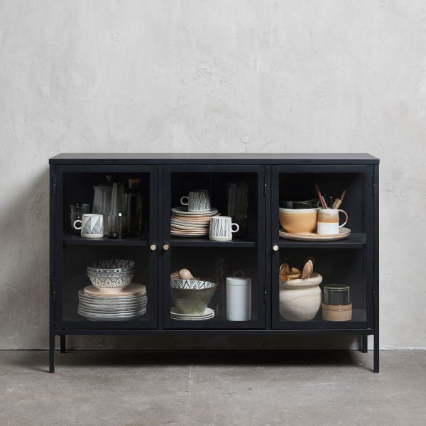 Buffet Toddy en mtal noir avec portes vitres, largeur 132 cm