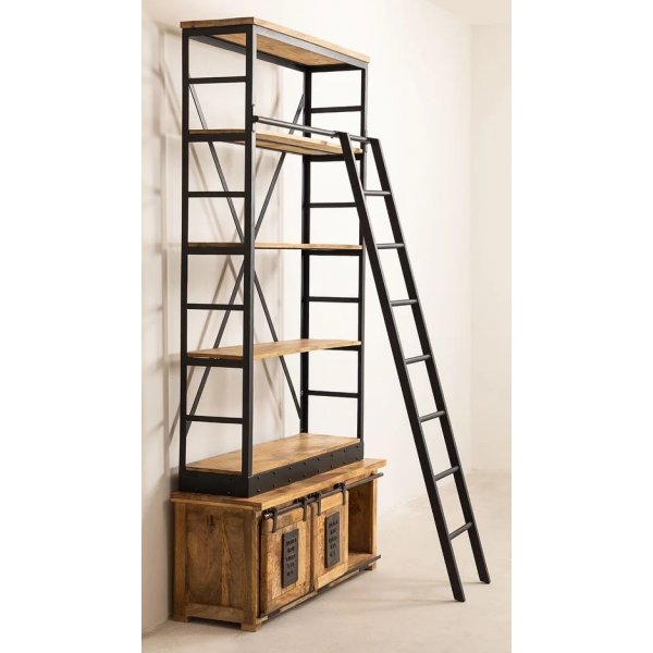WoodCraft bokhylla med skjutdörrar och stege - Vintage / Mango WoodCraft bokhylla med skjutdörrar och stege - Vintage / Mango