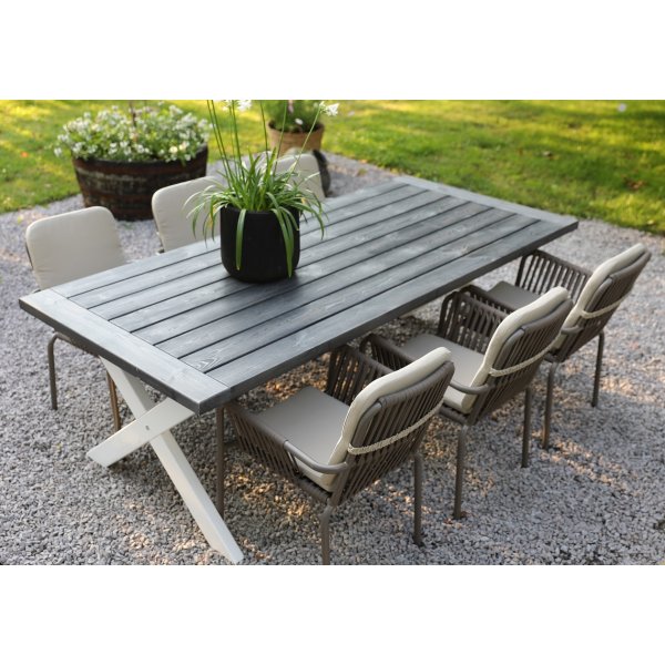 Oxford utematgrupp; grå/vit bord 220 cm inkl 6 st Lincoln stapelbara karmstolar grå/beige Oxford utematgrupp; grå/vit bord 220 cm inkl 6 st Lincoln stapelbara karmstolar grå/beige