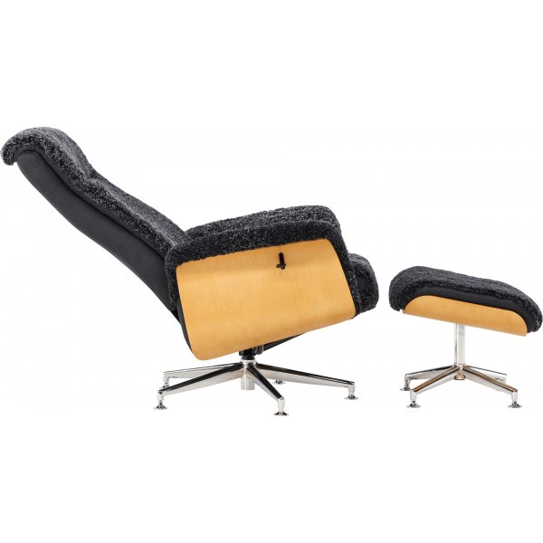 Ulla f�t�lj med fotpall i ek - M�rkgr� f�rskinn + Textilreng�ring f�r m�bler