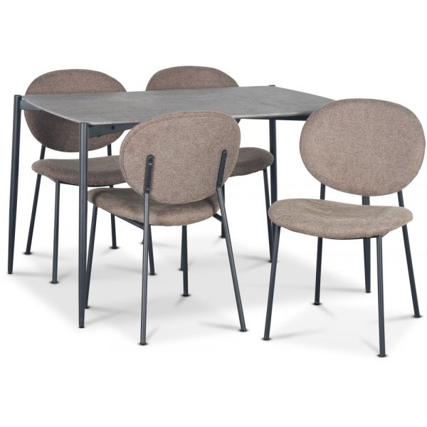 Lokrume matgrupp 120 cm bord i betongimitation + 4 st Tofta bruna stolar