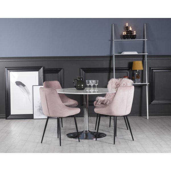 Plaza matgrupp, marmorbord med 4 st Theo sammetsstolar - Rosa/Vit/Krom