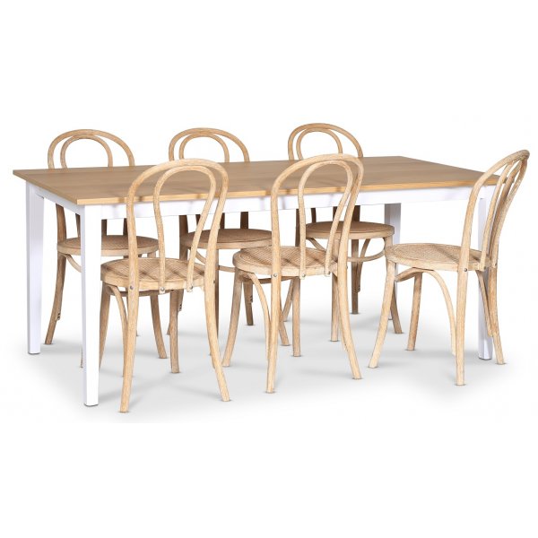 Fr matgrupp; matbord 180x90 cm - Vit / oljad ek med 6 st Danderyd No.18 stolar Whitewash