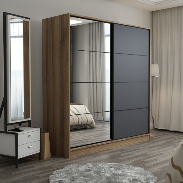 Armoire Kapusta avec porte miroir, 220x52x210 cm - Marron/anthracite