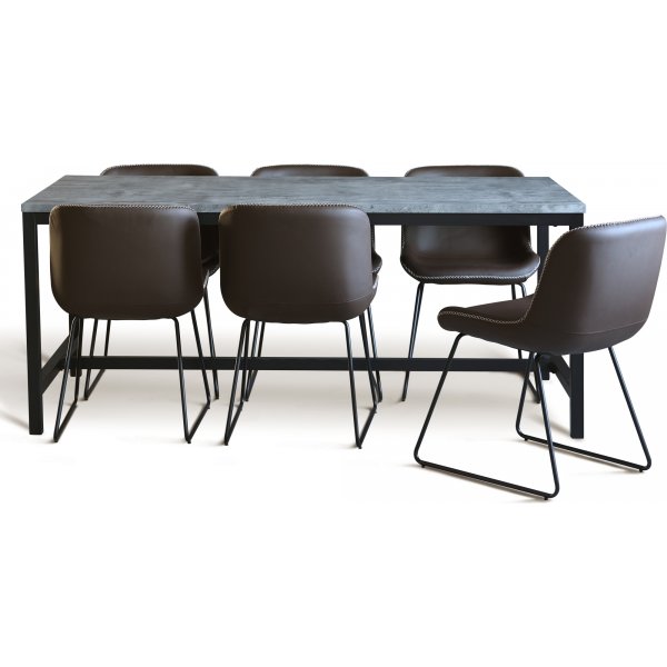Texas matgrupp med 6 st Texas matstolar Brun PU + Texas matbord betong 180x90 cm