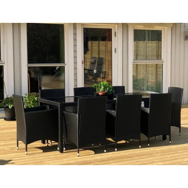 Brantevik utegrupp, bord med 8 st stolar - Svart konstrotting