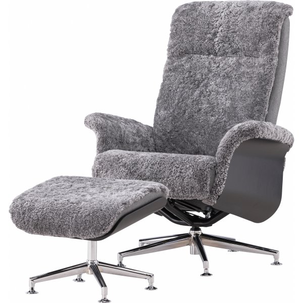 Ulla f�t�lj med fotpall i f�rskinn - Gr� / Svartbets / Krom + Textilreng�ring f�r m�bler