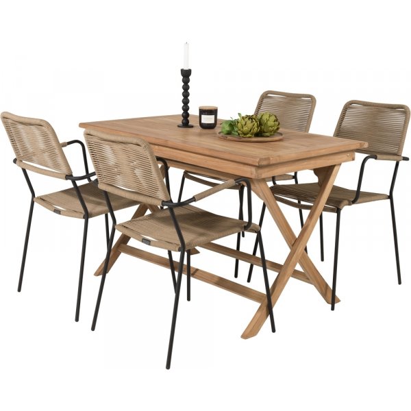Kenya utematgrupp med 4 st Lindos stolar - Beige/Svart/Teak Kenya utematgrupp med 4 st Lindos stolar - Beige/Svart/Teak