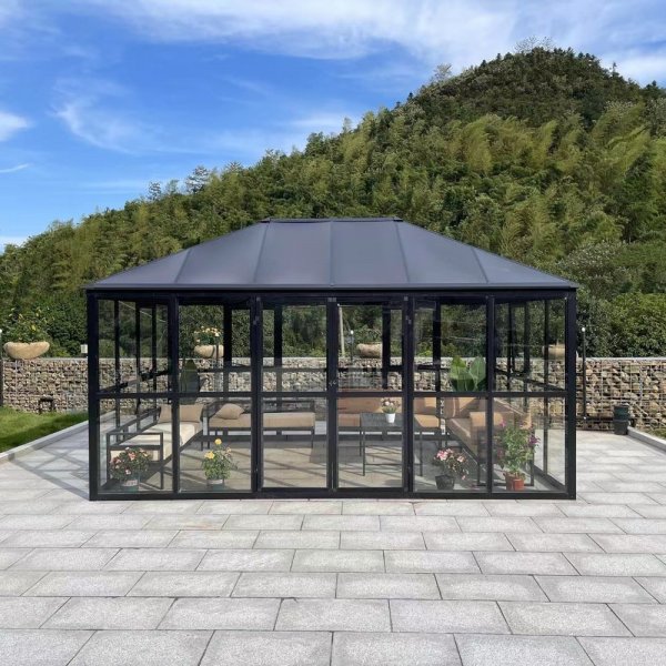 Serre Jupiter avec verre trempé - 12,8 m² - noir + Serre Jupiter avec verre trempé - 12,8 m² - noir +