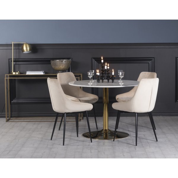 Plaza matgrupp, marmorbord med 4 st Theo sammetsstolar - Beige/Vit/Mssing