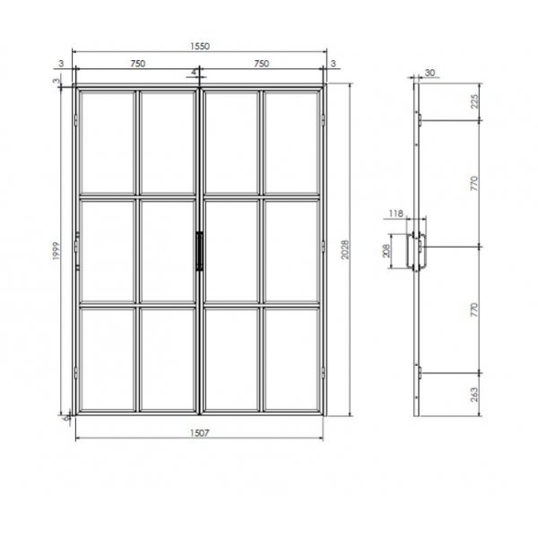 Industriële glasdeur Dubbel met kader - Elke maat Industriële glasdeur Dubbel met kader - Elke maat