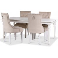 Strasbourg matgrupp vitt bord med 4 st Sunna Decotique stolar i beige sammet med rygghandtag Strasbourg matgrupp vitt bord med 4 st Sunna Decotique stolar i beige sammet med rygghandtag