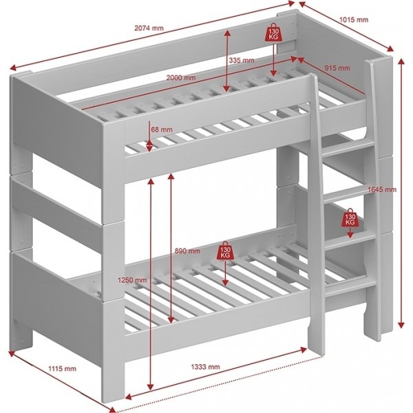Voor kinderen stapelbed 90 x 200 cm - Whitewash/grijs/bruin