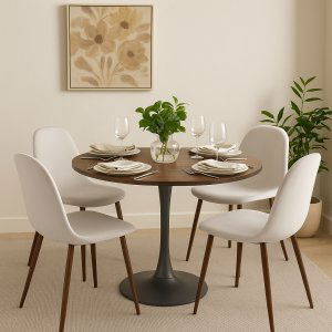 Olmo matbord Ø90 cm i valnöt/svart med 4st Alfred matstol i beige sammet och valnöt ben Olmo matbord Ø90 cm i valnöt/svart med 4st Alfred matstol i beige sammet och valnöt ben