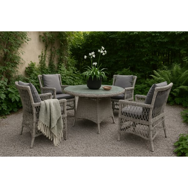 Utegrupp; 4 stolar och matbord 110 cm gr/rotting - Jacksonville/Provence