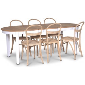 Fårö matgrupp; Ovalt matbord 160-210 cm - Vit / Oljad Ek med 6 st Danderyd No.16 matstolar Whitewash Fårö matgrupp; Ovalt matbord 160-210 cm - Vit / Oljad Ek med 6 st Danderyd No.16 matstolar Whitewash