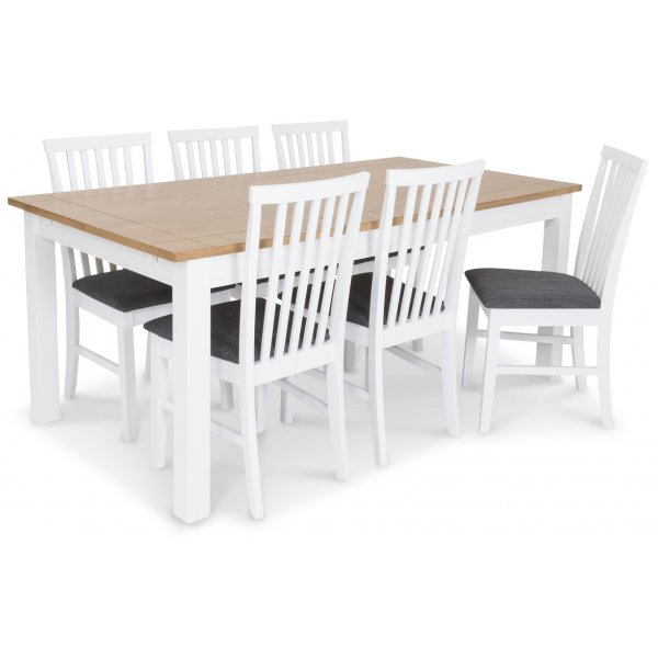 Skagen matgrupp - Skagen 180 cm matbord inklusive 6 st Alice matstolar med gr sits - Vit/ekbets