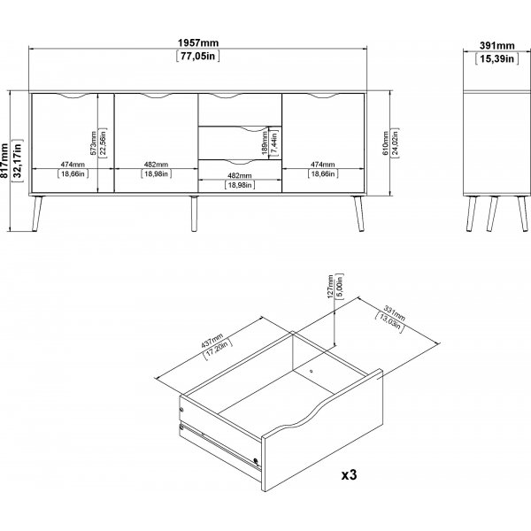 Buffet Oslo avec 3 armoires et 3 tiroirs - Blanc/chne