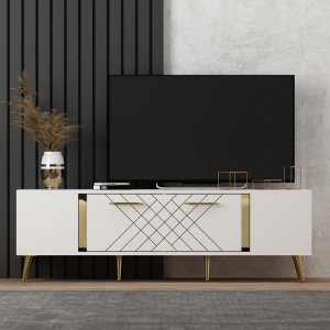 Vit mediabänk med gulddetaljer - 150 cm Vit mediabänk med gulddetaljer - 150 cm