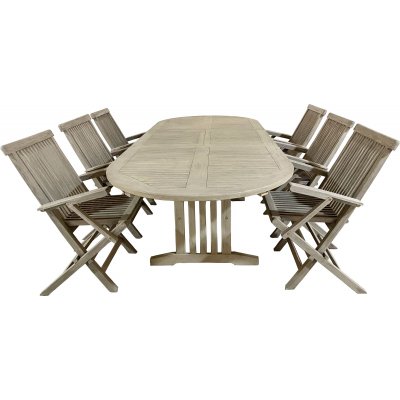 Salt utematgrupp ovalt 180-240 cm bord med 6 st matstolar med armstd - Gr teak