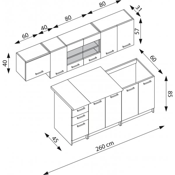 Perla complete keuken 260 cm - Ambachtelijk eiken/mat donkergrijs/wotan eiken