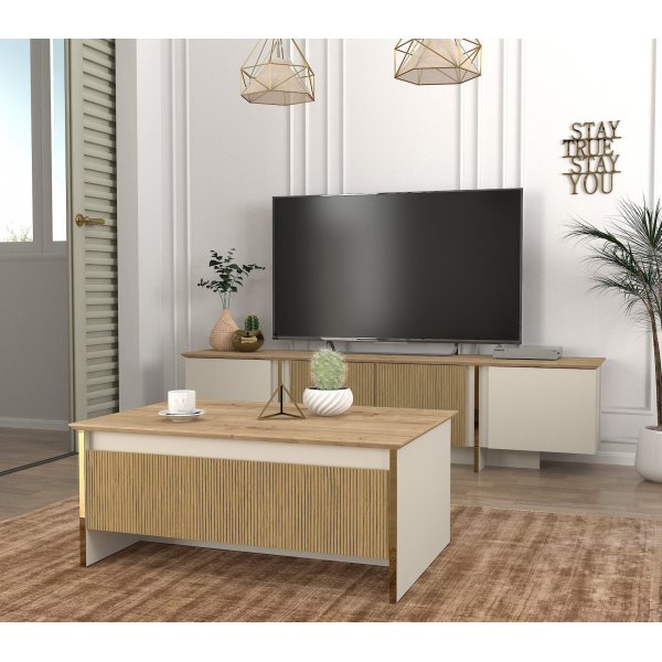 Sion soffbord 90 x 60 cm - Beige/guld/valnöt Sion soffbord 90 x 60 cm - Beige/guld/valnöt