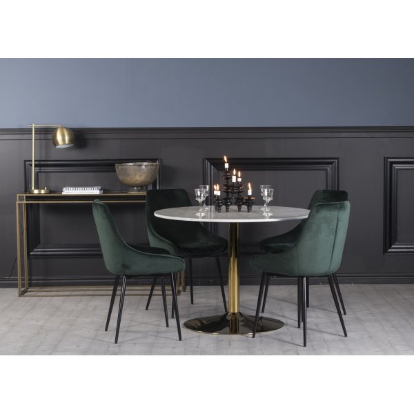 Plaza matgrupp, marmorbord med 4 st Theo sammetsstolar - Grn/Vit/Mssing